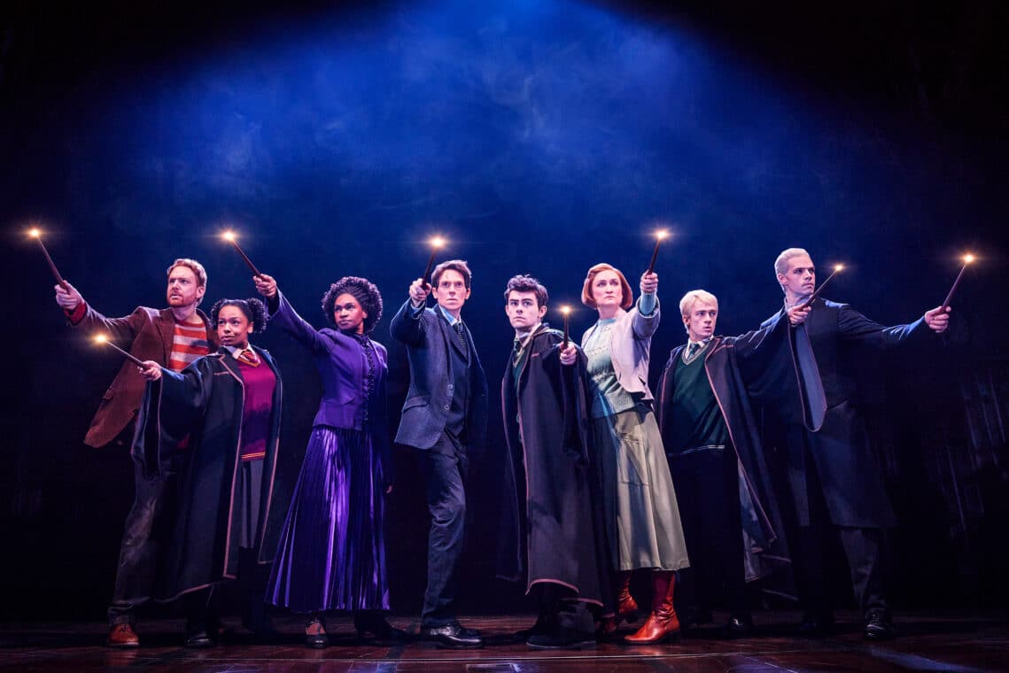 The cast of the musical Harry Potter and the Cursed Child displaying their magical powers on stage