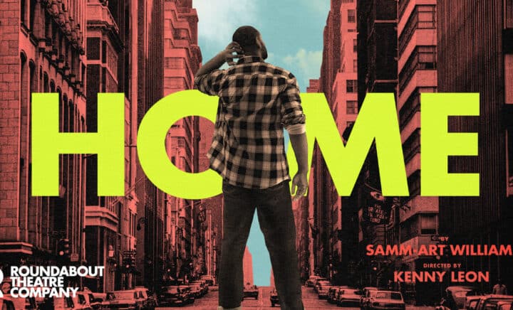 Theater poster for Home featuring a man in a plaid shirt facing a cityscape, with bold yellow text