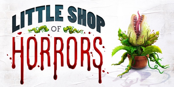 The musical theater poster titled 'Little Shop of Horrors' featuring a plant image on the right side