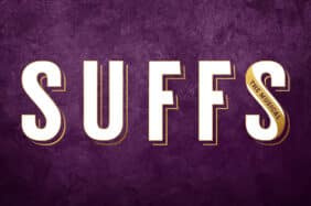 Suffs the musical logo with large white text and a yellow sash draped over the last S, set against a purple backdrop