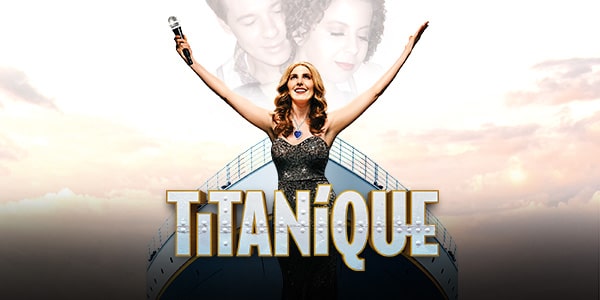 Poster for Titanique with a woman in a black dress, arms wide open, on a ship's bow with a couple's image in the background