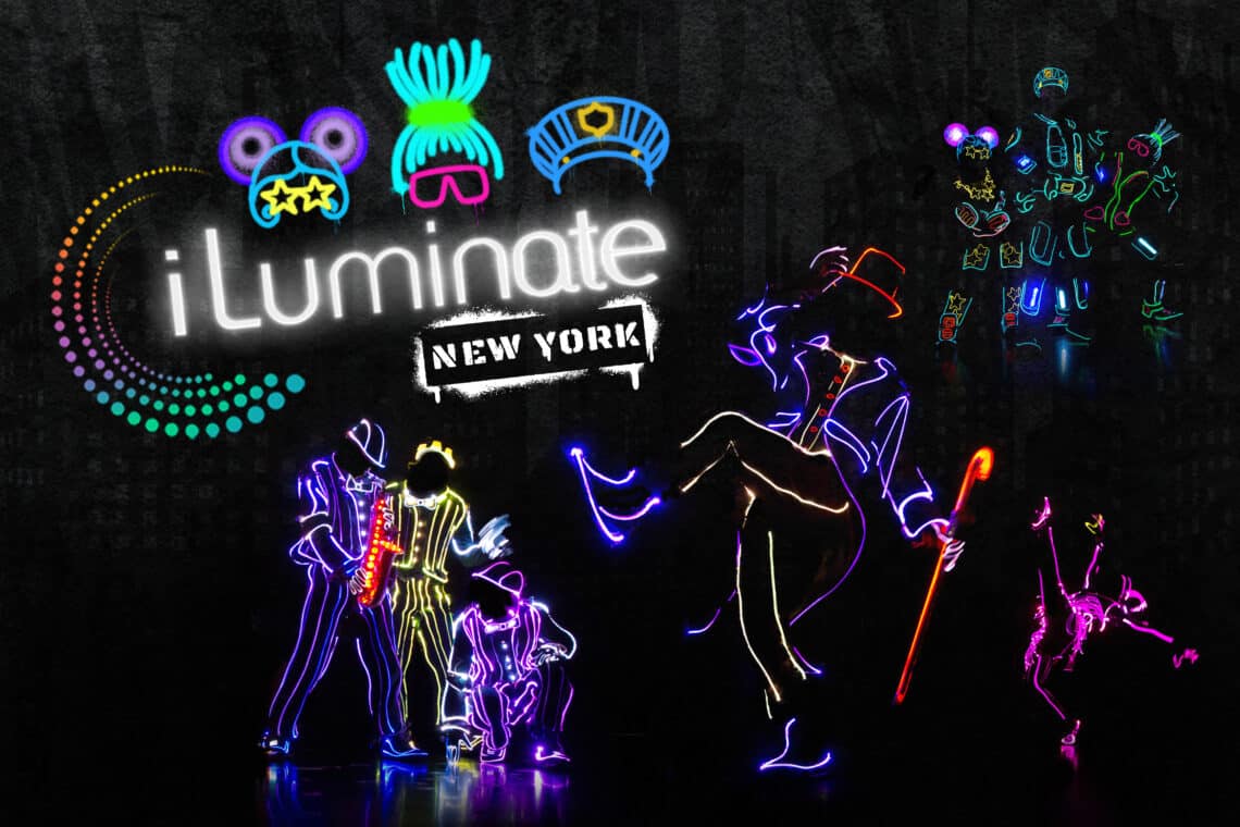 Poster for iLuminate featuring neon-outlined dancers and bright graphics on a dark background