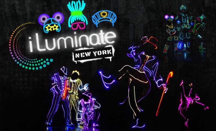 Poster for iLuminate featuring neon-outlined dancers and bright graphics on a dark background