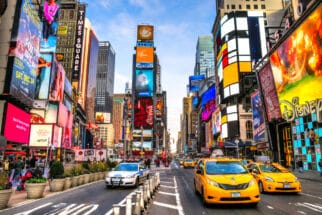 Times Square ,is a busy tourist intersection of neon art and commerce