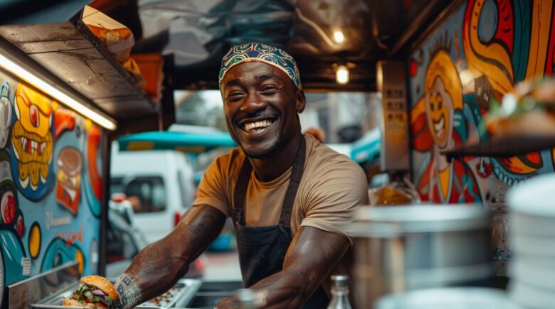 A cheerful man with a bright smile serves food from a colorful NYC street food truck.