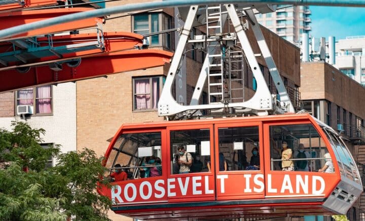 Close-up perspective from The Roosevelt Island Tram, an aerial tramway in New York City