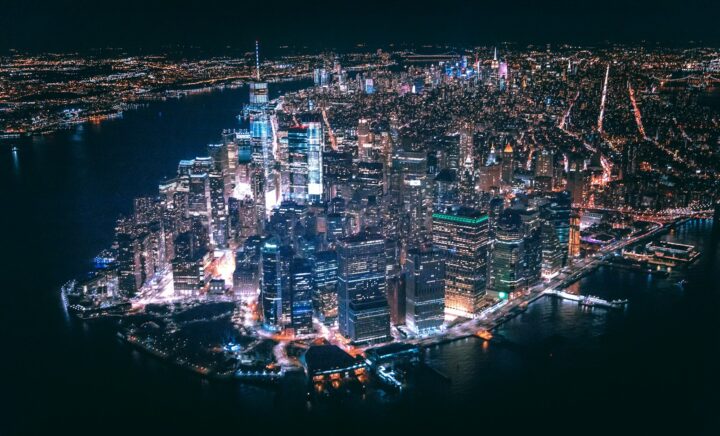 aerial view of city buildings during nighttime