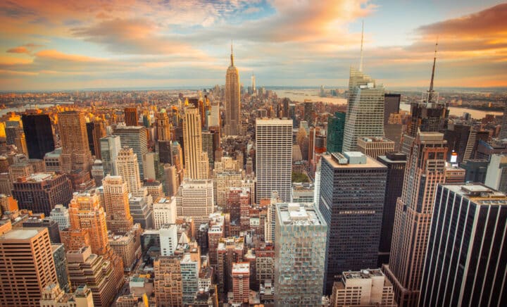 Sunset view of New York City looking over midtown Manhattan