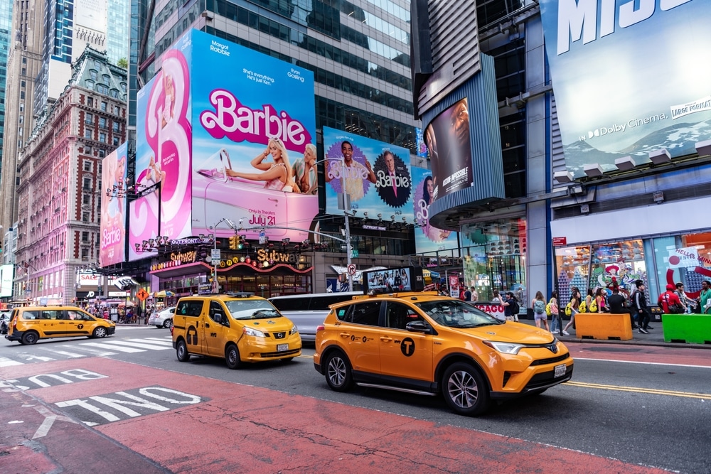 New York City, USA - July 09, 2023: Times Square of midtown manhattan in new york downtown. ny city street with yellow taxi cars. broadway street of nyc. road traffic with yellow taxi in rush hour