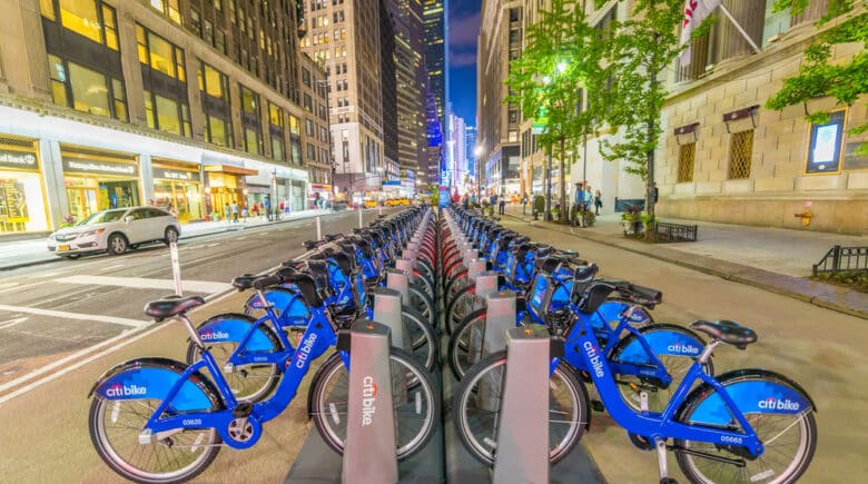 NYC bike share system at night in Manhattan, New York City