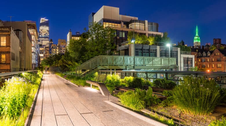 Panoramic view of the High Line promenade at twilight