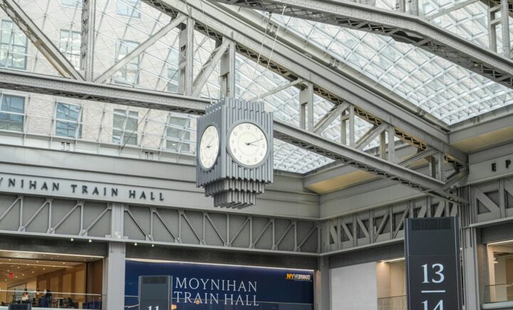 The large clock above Moynihan Train Hall station