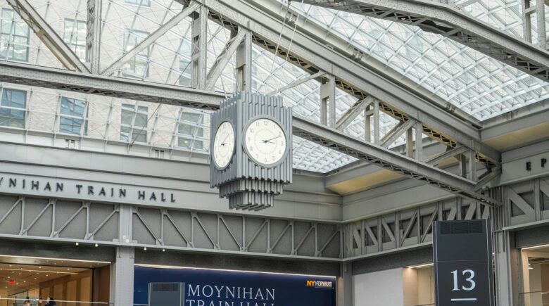 The large clock above Moynihan Train Hall station