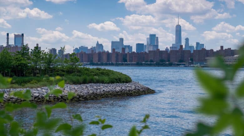Manhattan skyline and East River viewed from Hunter's Point South Park in Long Island City