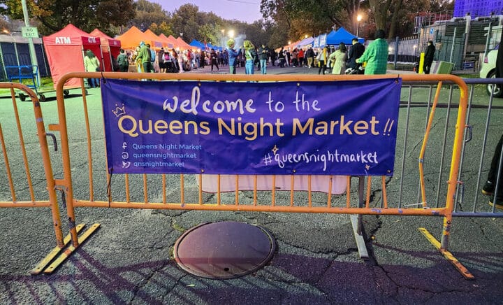 Sign Welcoming You to the Queens Night Market in Flushing Meadows Corona Park in NYC