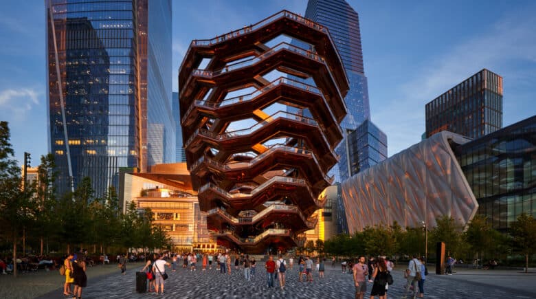 Hudson Yards esplanade with The Vessel (staircase) and the Shed