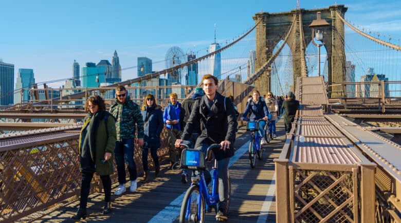 Bicycles crossing Brooklyn Bridge.