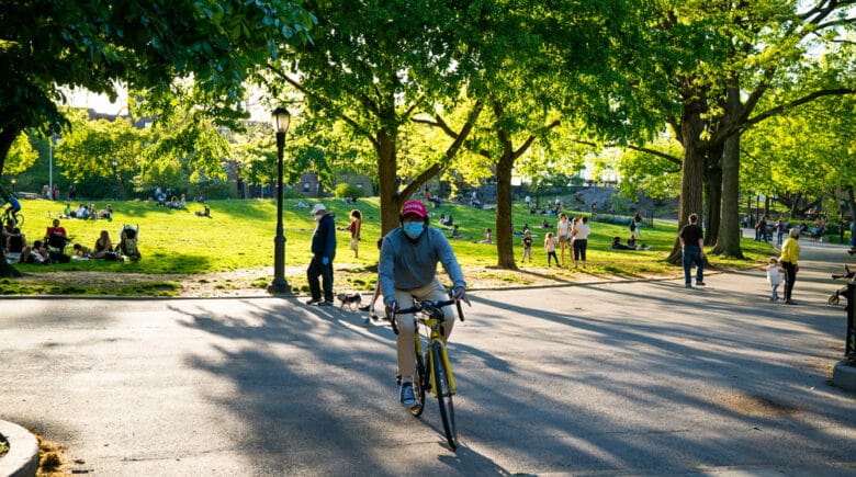 A man rides a bike in J. Hood Wright park in Washington Heights, Manhattan