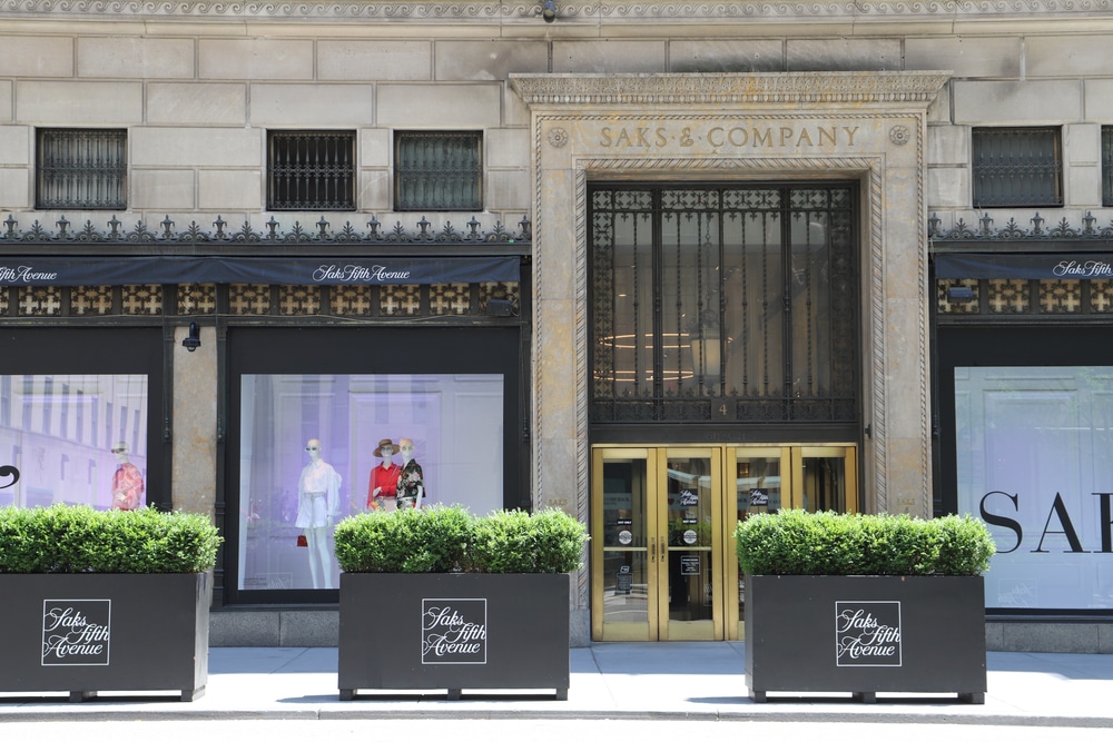 New York City NY USA July 9 2020：Store front of American chain of luxury department stores Saks Fifth Avenue flagship on the Fifth Avenue NYC.