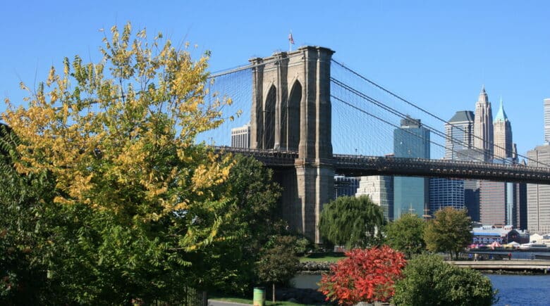 Foliage along the East River. Brooklyn Bridge and Lower Manhattan