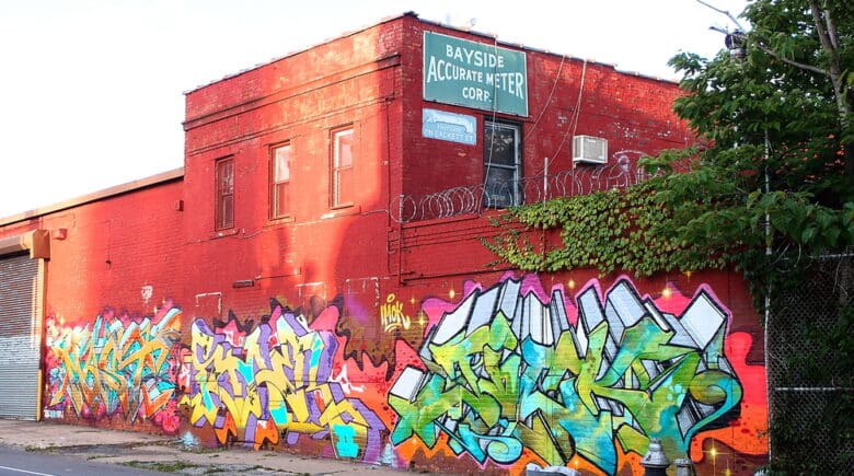 Graffiti on factory wall at Gowanus neighborhood in Brooklyn