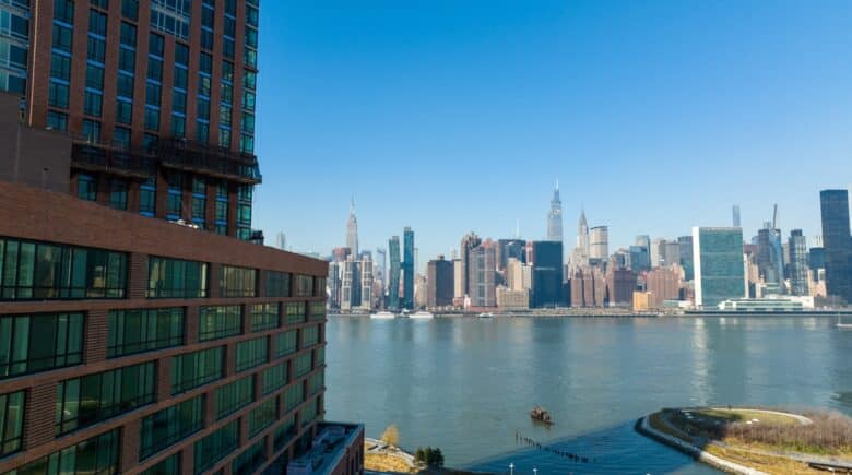 Aerial view of the Eastside of Manhattan, from over Long Island City