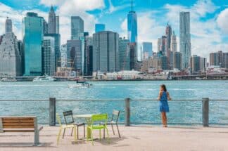 New York city Manhattan skyline seen from Brooklyn waterfront