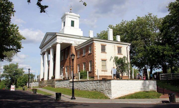 Staten Island, NY, USA - June 10, 2022: Third County Court House, 1837 Greek Revival building, at Historic Richmond Town