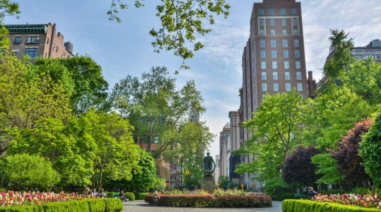 View of Gramercy Park located in the Gramercy Park Historic District in Manhattan