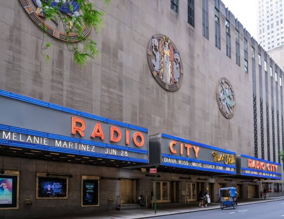 Architectural detail of Radio City Music Hall, an entertainment venue and theater within Rockefeller Center