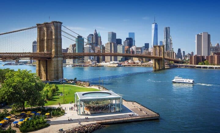 Janes Carousel at Brooklyn Bridge Park and view of the Brooklyn Bridge