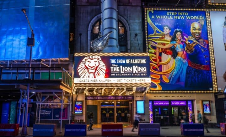 Broadway Theatre at Night in Manhattan featuring the musical 'The Lion King'. New York. USA. 08.18.2024.