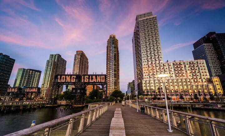 Pier and Long Island City at sunset, seen from Gantry Plaza State Park, Queens, New York.