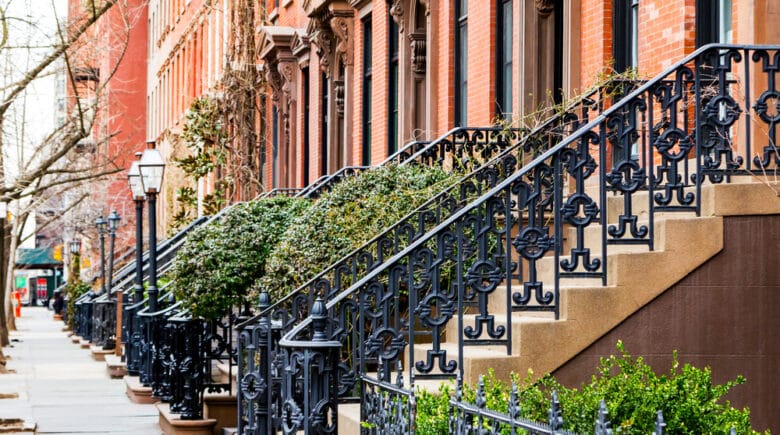 Row of old brownstone buildings in the Greenwich Village neighborhood of Manhattan
