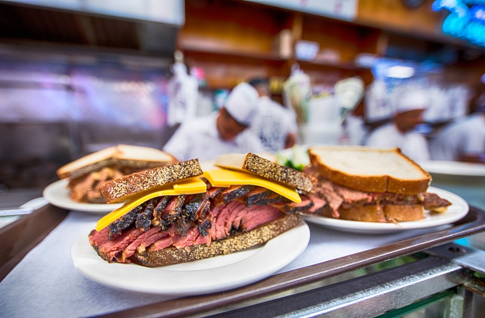 Taken in New York State, New York, Manhattan, April 18th, 2017, Katz’s Delicatessen, a sandwich, reuben on rye bread with cheese, a local shop that’s very popular with tourists