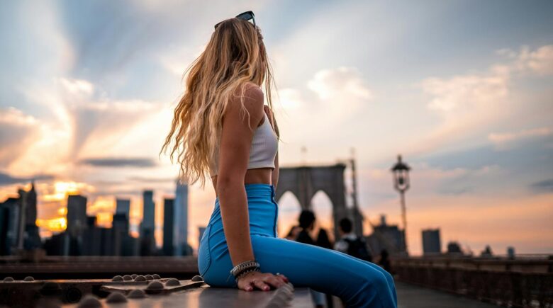 Woman enjoying the view from the Brooklyn Bridge