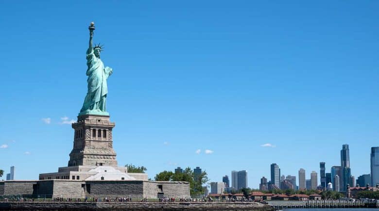 The Statue of Liberty at New York City on clear sunny day
