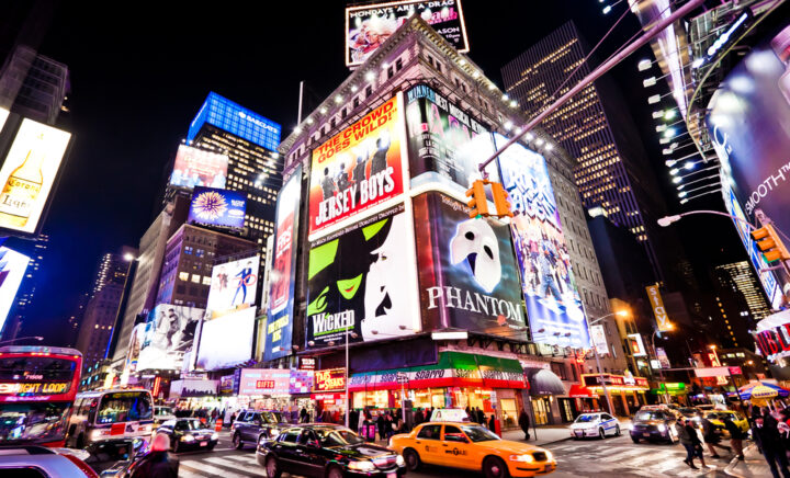 Nighttime in Times Square features with Broadway Theaters