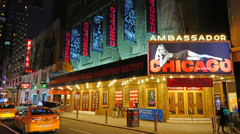 Night view of the Ambassador Theater in Broadway