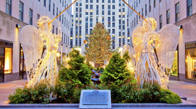 Famous Rockefeller Center Christmas tree as seen from 5th Avenue