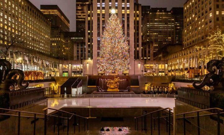 Rockefeller Center during Christmas time with the tree lit up