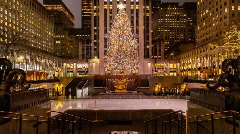 Rockefeller Center during Christmas time with the tree lit up