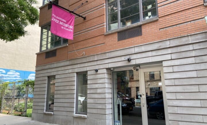 National Jazz Museum flag hanging above the building entrance