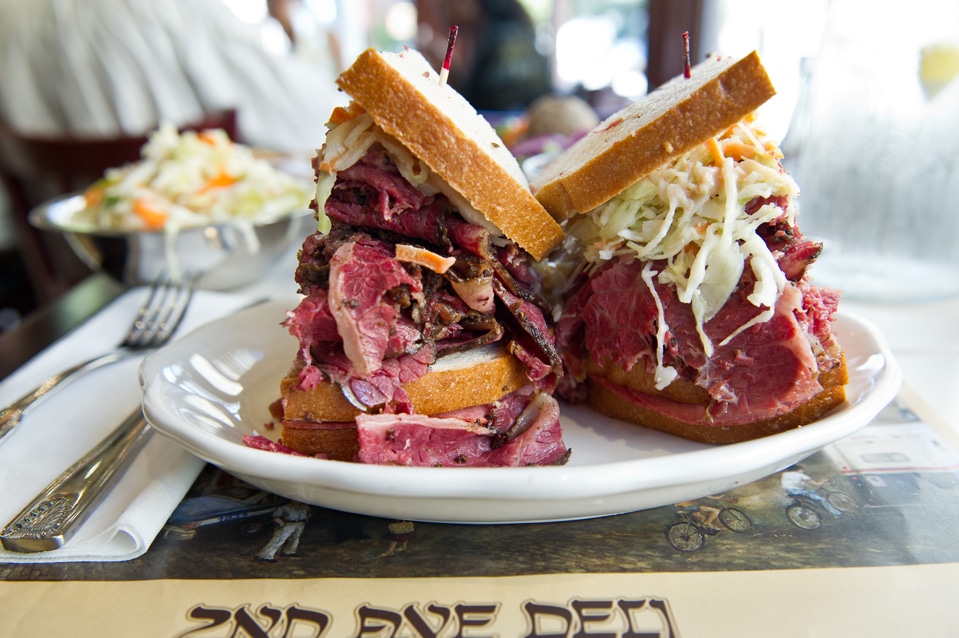 triple decker pastrami, corned beef and salami sandwich with Russian dressing ($23). August 23, 2011. New York, New York. Story Summary: Lunchbox on Second Avenue Deli on First and 75th. The original, at Second Avenue and 10th Street was opened by Lebewhol‚Äˆs uncle in 1954. It closed in 2006 due to a rent dispute. In 2007 the brothers reopened at Second and 33rd Street, offering the traditional family recipes. credit: Mimi Ritzen Crawford for The Wall Street Journal. slug: lb.secondave.