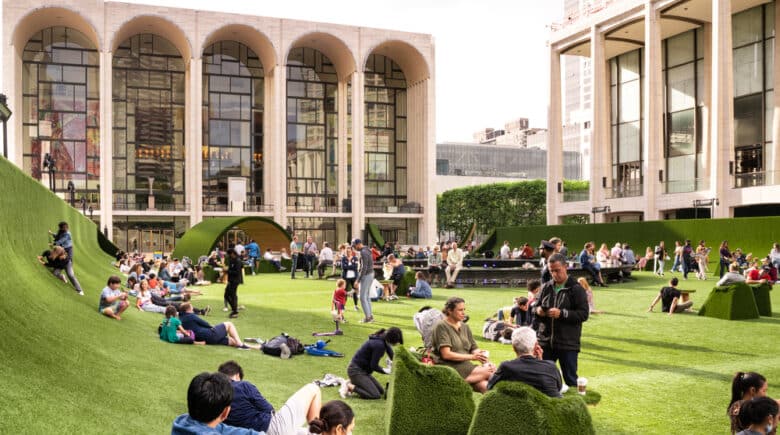 View of the lawn at Lincoln Center, Metropolitan Opera House in Manhattan