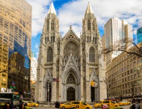Front view of St. Patrick's Cathedral located on Fifth Avenue in Manhattan