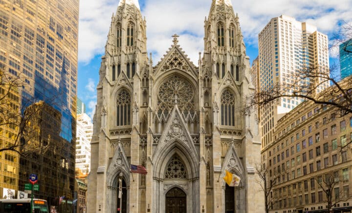 Front view of St. Patrick's Cathedral located on Fifth Avenue in Manhattan