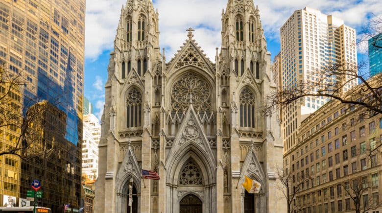 Front view of St. Patrick's Cathedral located on Fifth Avenue in Manhattan