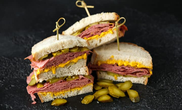 New York pastrami, gherkins and sourdough bread deli sandwich