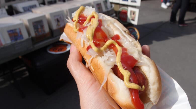 Close-up shot of a hotdog in New York